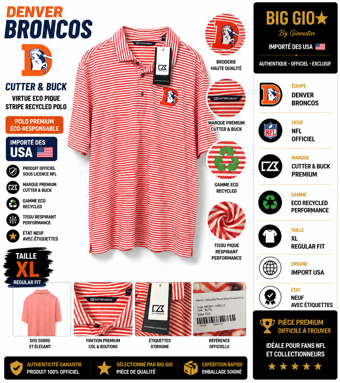 Denver Broncos Cutter & Buck Virtue Eco Polo NFL XL