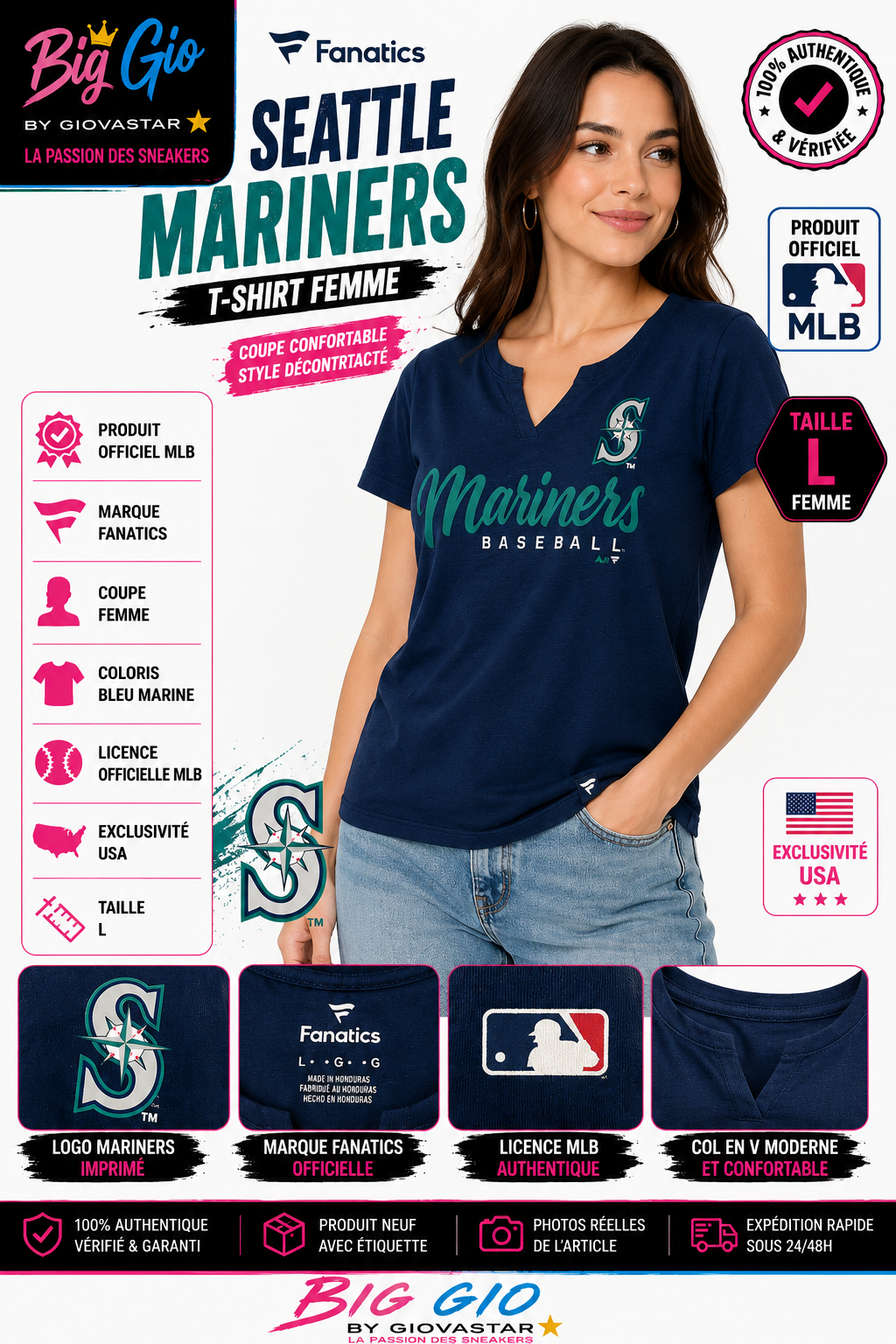 Seattle Mariners Fanatics MLB t-shirt femme bleu marine taille L