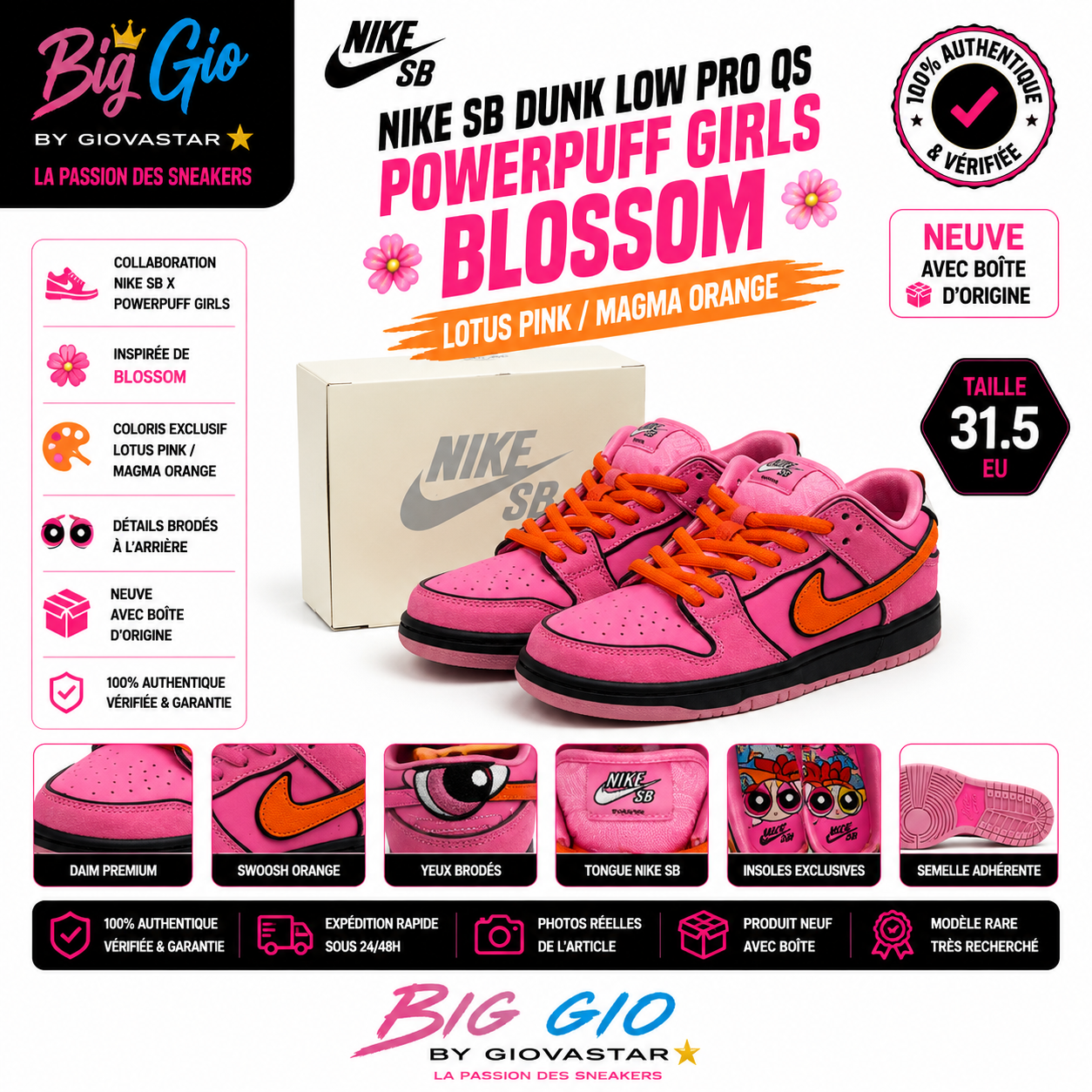 Nike SB Dunk Low Pro QS Powerpuff Girls Blossom 31.5 Neuve