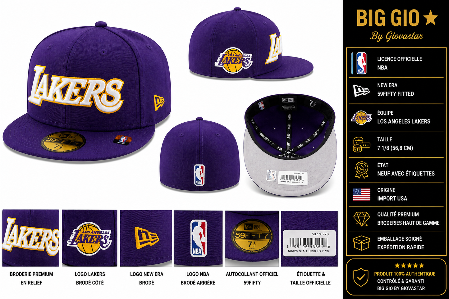 🏀 Los Angeles Lakers New Era 59FIFTY 💜 Casquette NBA Officielle Fitted 7 1/8 ⭐