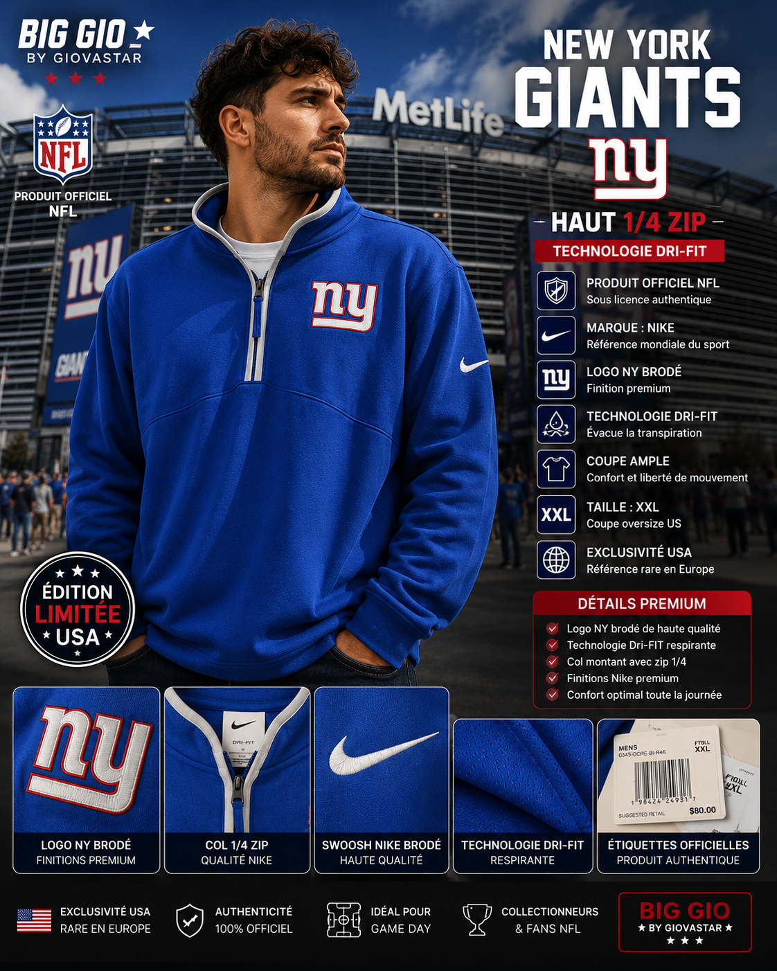 Nike NFL New York Giants Dri-FIT 1/4 Zip XXL Officiel