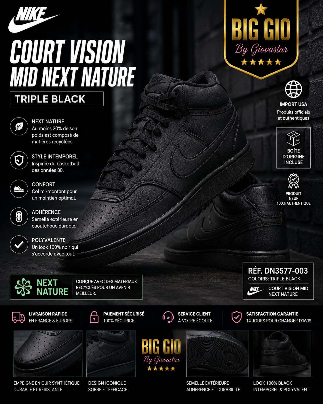 🖤 Nike Court Vision Mid Next Nature "Triple Black" – L'Indispensable Full Black – Neuve avec boîte – EU 45.5