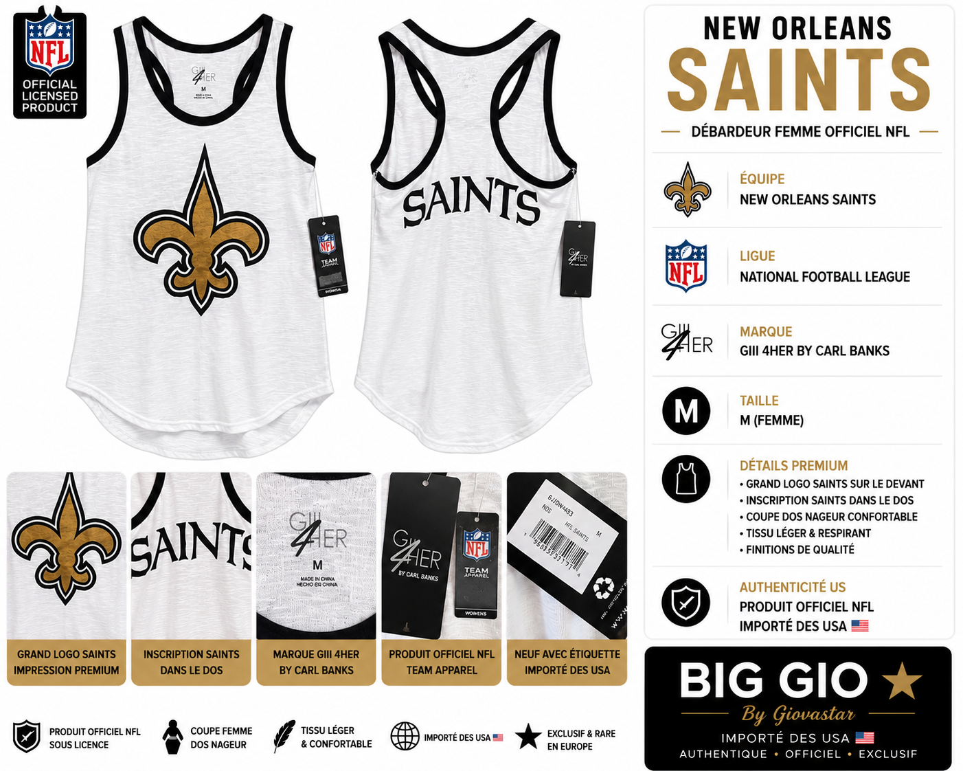 Débardeur New Orleans Saints NFL Femme M GIII 4Her Officiel USA