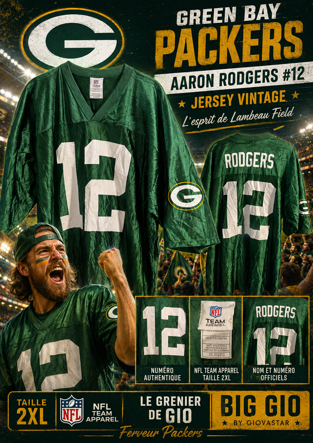 Jersey NFL vintage Green Bay Packers Aaron Rodgers #12 – NFL Team Apparel 2XL