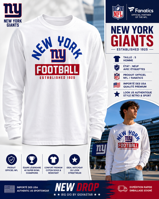 🏈 NEW DROP 🔥 Fanatics New York Giants NFL Long Sleeve T-Shirt White – Established 1925 – Size S – NEW WITH TAGS 🇺🇸