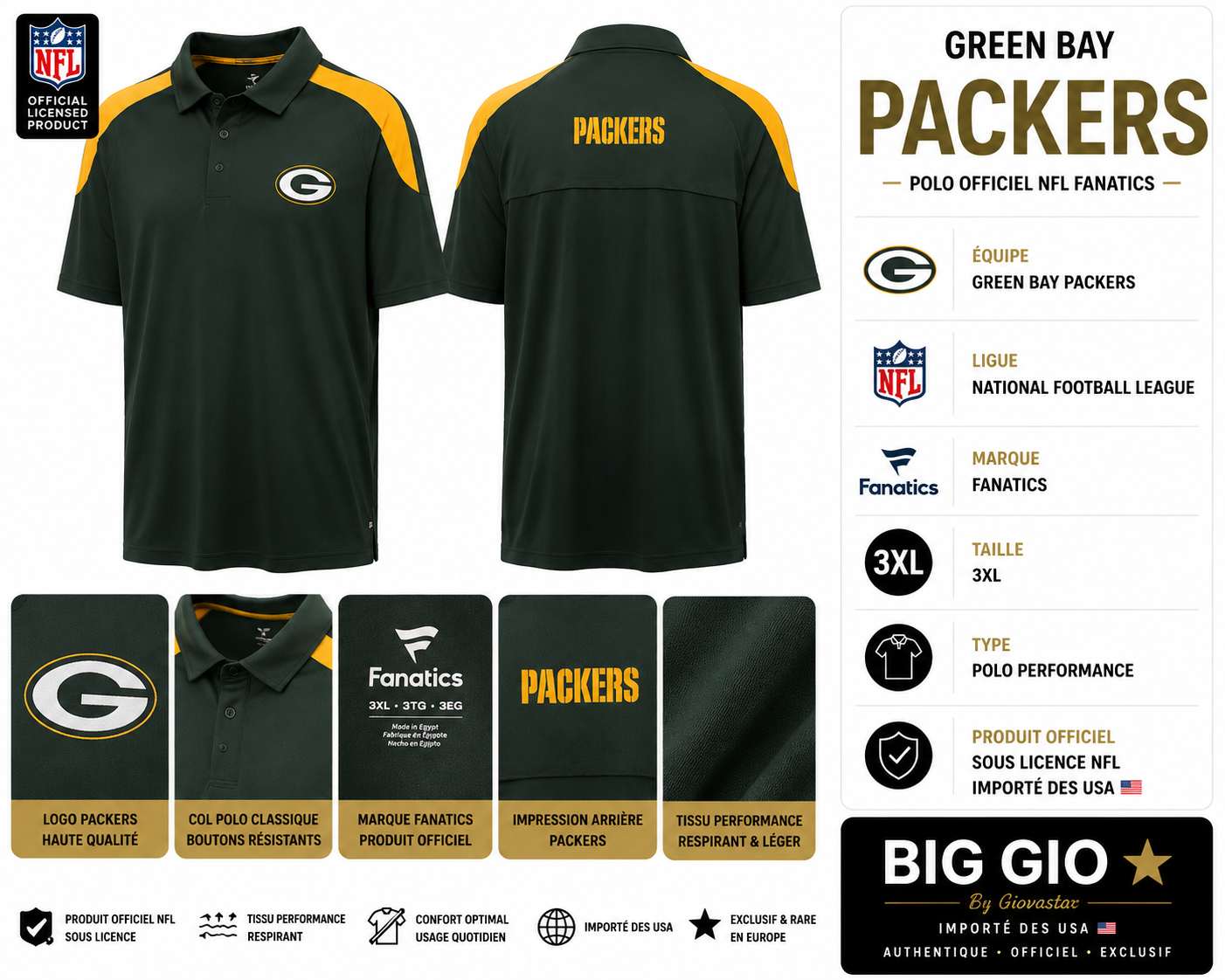 Polo NFL Green Bay Packers Fanatics Performance 3XL