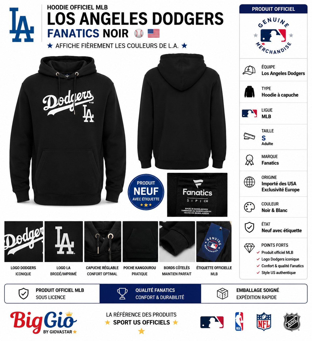 🔥 Hoodie officiel Los Angeles Dodgers MLB Fanatics noir taille S ⚾🇺🇸
