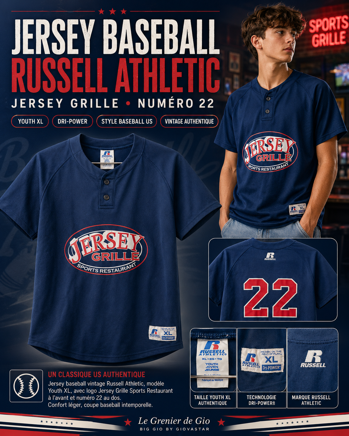 Jersey baseball Russell Athletic Jersey Grille n°22 vintage – Youth XL