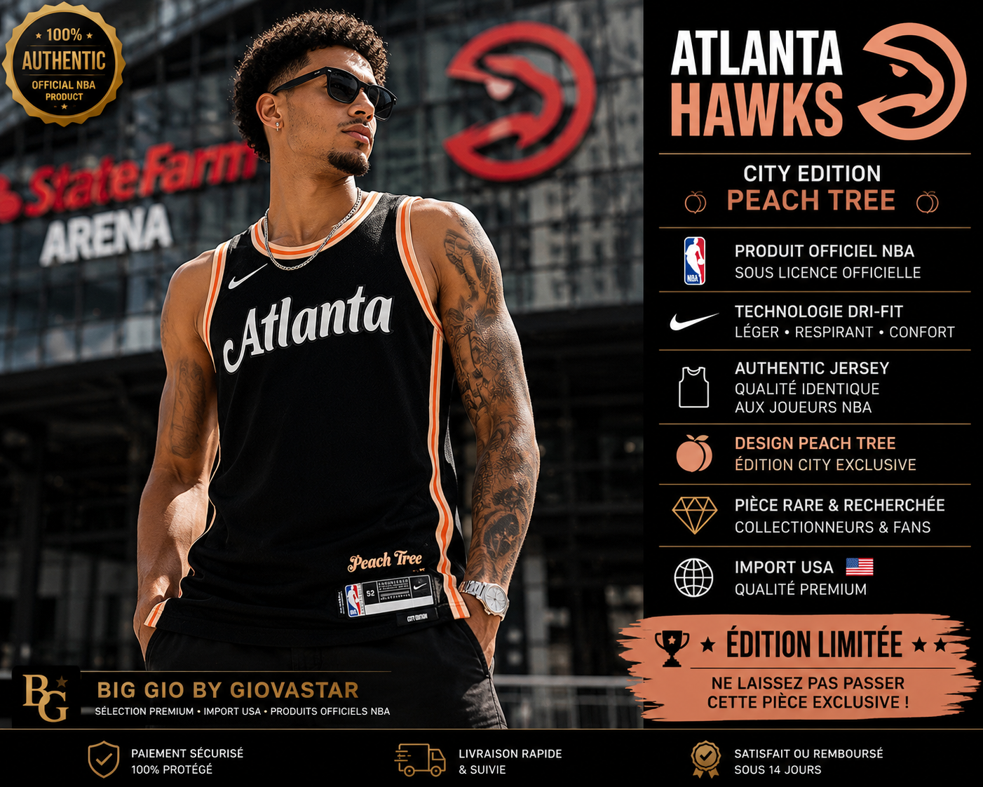 🔥🍑 Nike NBA Atlanta Hawks City Edition "Peach Tree" Authentic Jersey • Import USA • Édition Collector • XL (52) • Officiel NBA