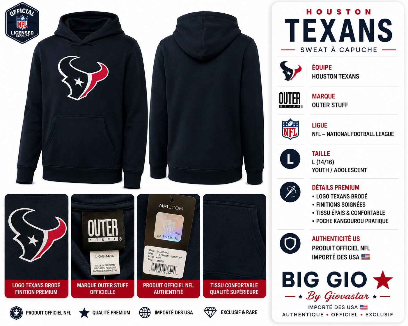 Houston Texans NFL hoodie officiel Outer Stuff youth L 14/16 navy collector US
