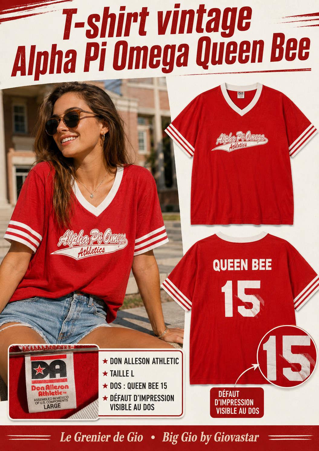 Don Alleson Alpha Pi Omega Queen Bee #15 maillot vintage rouge – Taille L