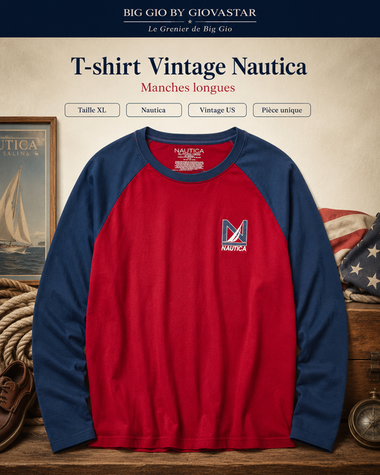 T-shirt Manches Longues Nautica Rouge Bleu Marine Taille XL – Vintage