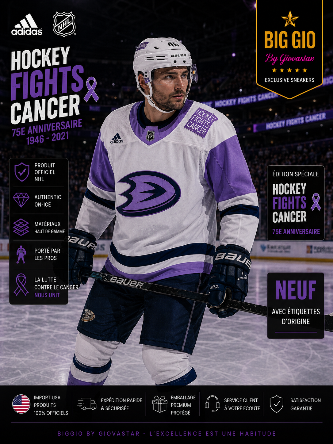 🏒 Adidas Authentic Anaheim Ducks Hockey Fights Cancer Primegreen NHL • Neuf avec étiquettes • Taille 52 (L)