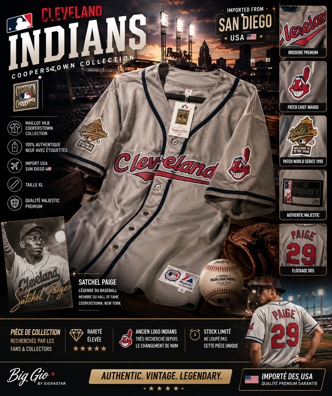 ⚾ Cleveland Indians Paige #29 Majestic Cooperstown Collection MLB Jersey XL Neuf Import USA 🇺🇸