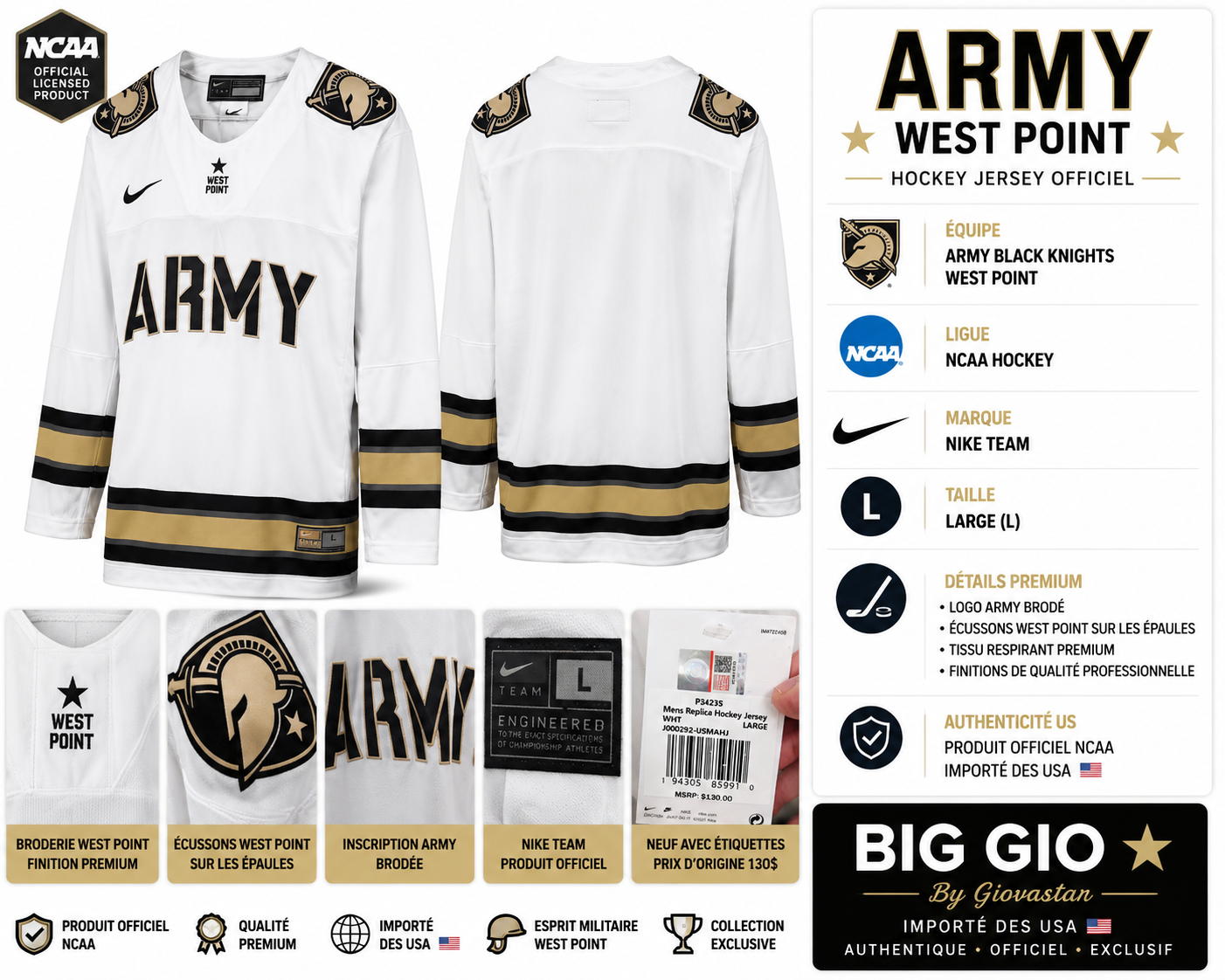 Nike Army West Point Hockey Jersey NCAA Officiel Blanc Taille L Import USA