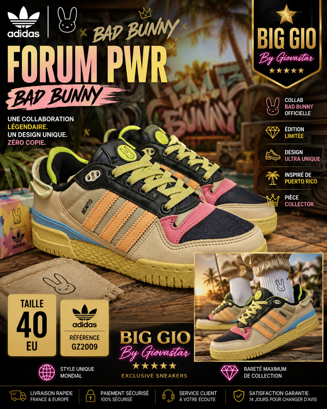 🐰🔥 adidas x Bad Bunny Forum Powerphase GZ2009 🌈 Sneaker Collector Ultra Rare Neuve EU 40