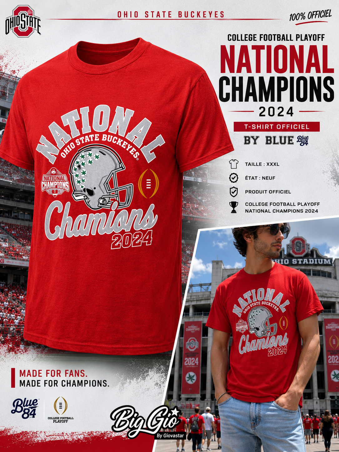 🏆 T-Shirt Ohio State Buckeyes National Champions 2024 NCAA 🔴 Blue 84 – XXXL – NEUF 🇺🇸