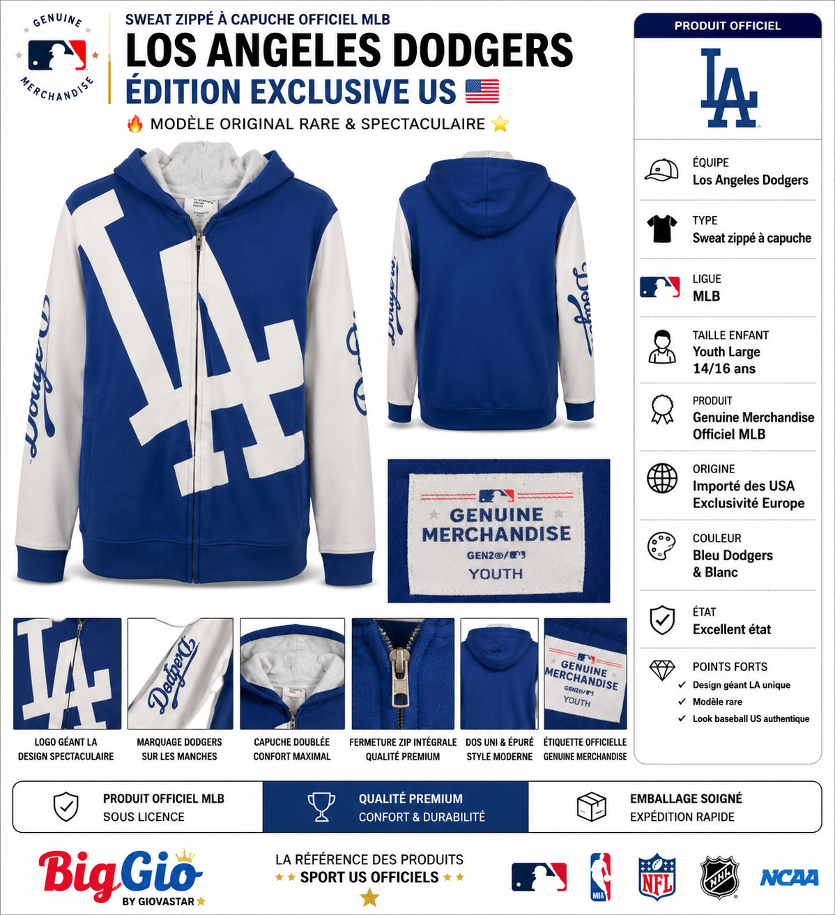🔥 Los Angeles Dodgers MLB Hoodie Zip Full Logo Youth 14/16 Ans - Édition US Exclusive ⚾