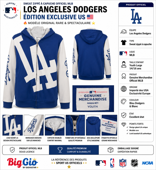 🔥 Los Angeles Dodgers MLB Hoodie Zip Full Logo Youth 14/16 Ans - Édition US Exclusive ⚾