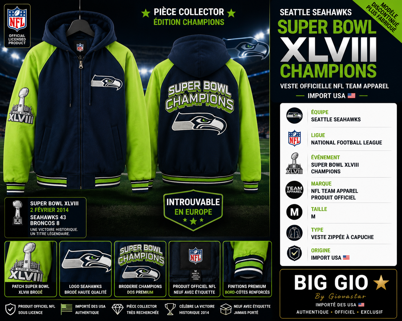 🔥 Veste Seattle Seahawks Super Bowl XLVIII Champions NFL Officielle Import USA Collector Taille M