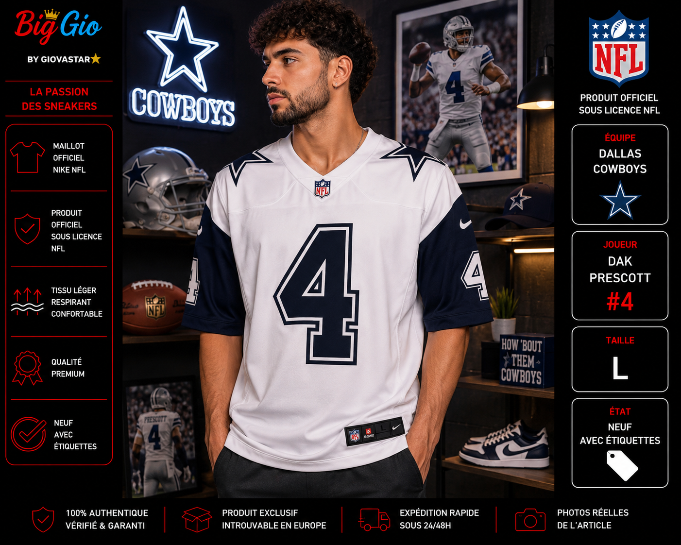 maillot nike dallas cowboys dak prescott #4 taille L