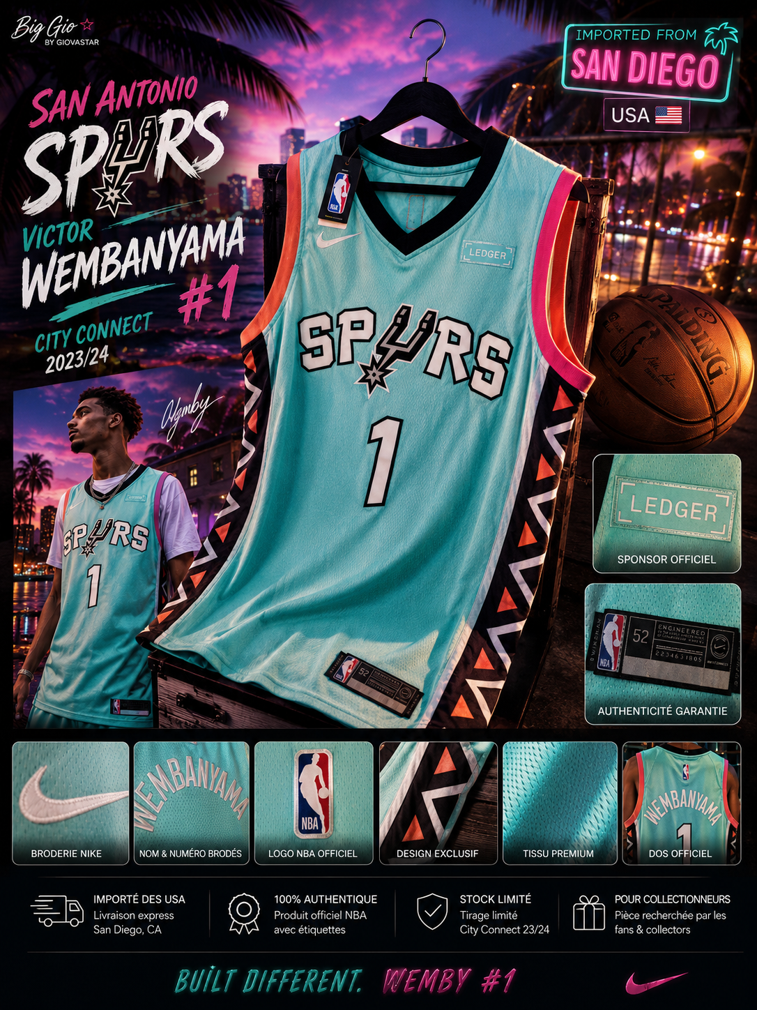 🏀 Maillot Nike NBA San Antonio Spurs City Edition Victor Wembanyama #1 – Taille 52 – Import USA