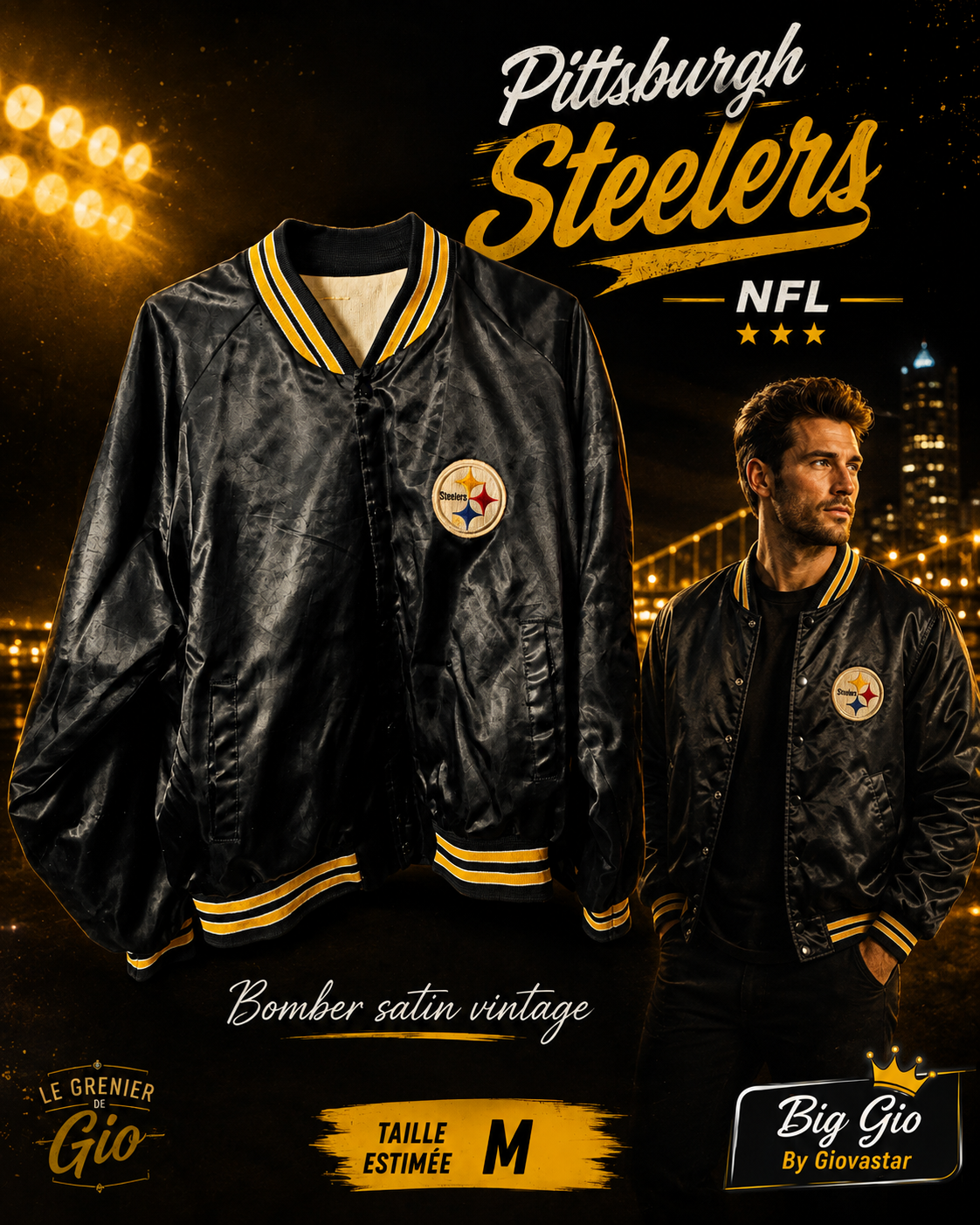 Veste bomber satin Pittsburgh Steelers NFL vintage années 80 noire – Taille estimée M