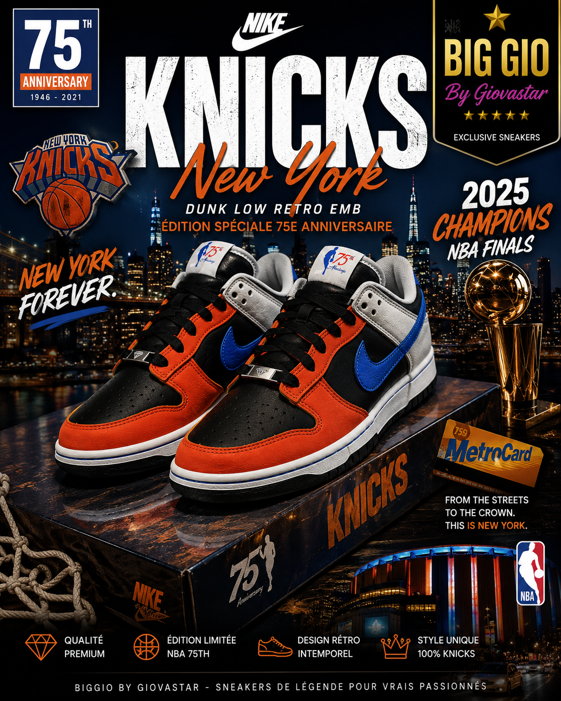 🏀 Nike Dunk Low Retro EMB NBA 75th Anniversary Knicks • Neuve avec boîte • Taille 41 EU