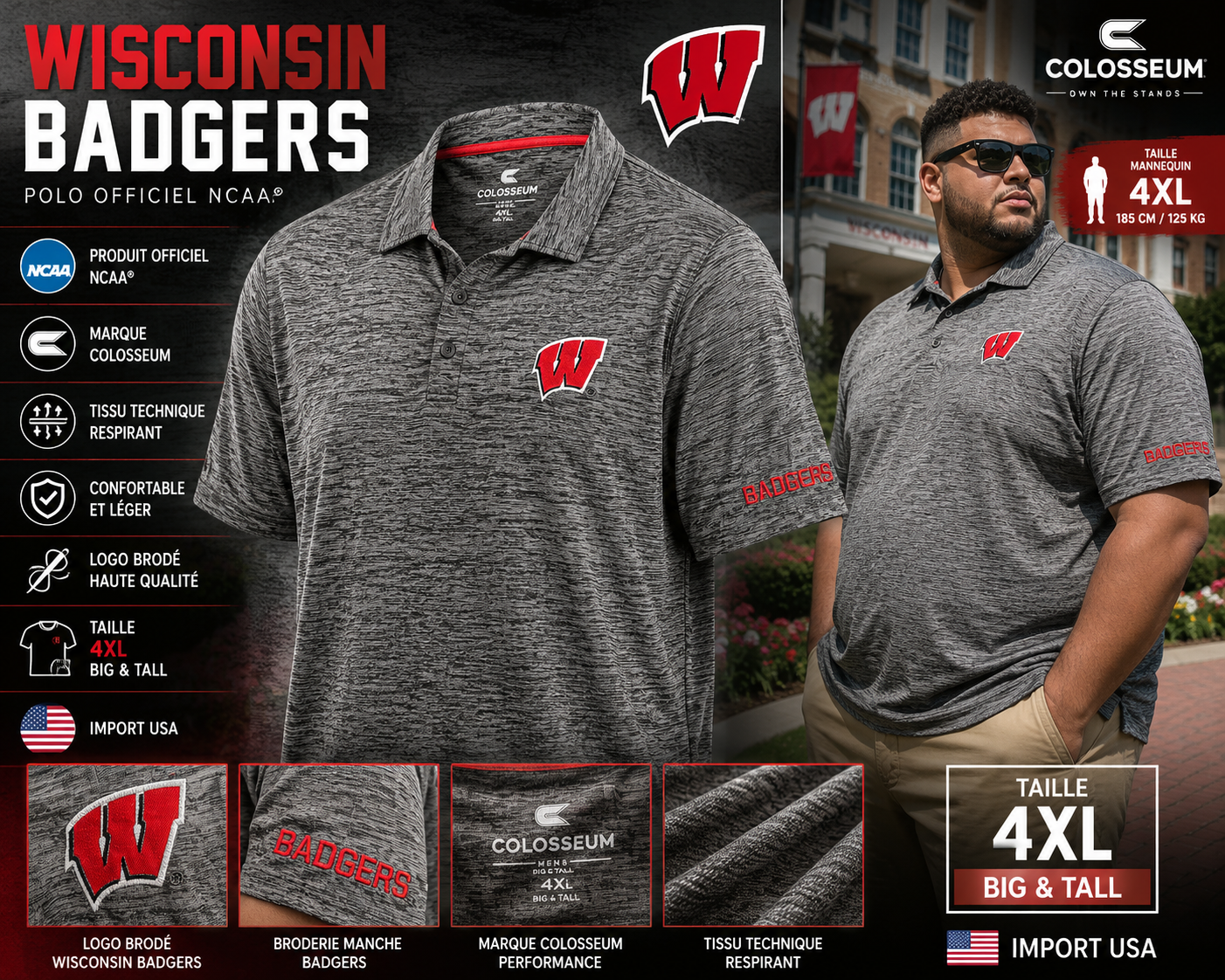 🦡 Polo Wisconsin Badgers Colosseum Performance Gris 4XL Big & Tall NCAA Officiel 🇺🇸