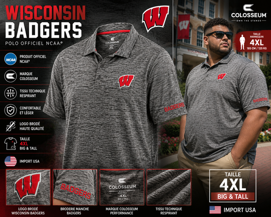 🦡 Polo Wisconsin Badgers Colosseum Performance Gris 4XL Big & Tall NCAA Officiel 🇺🇸