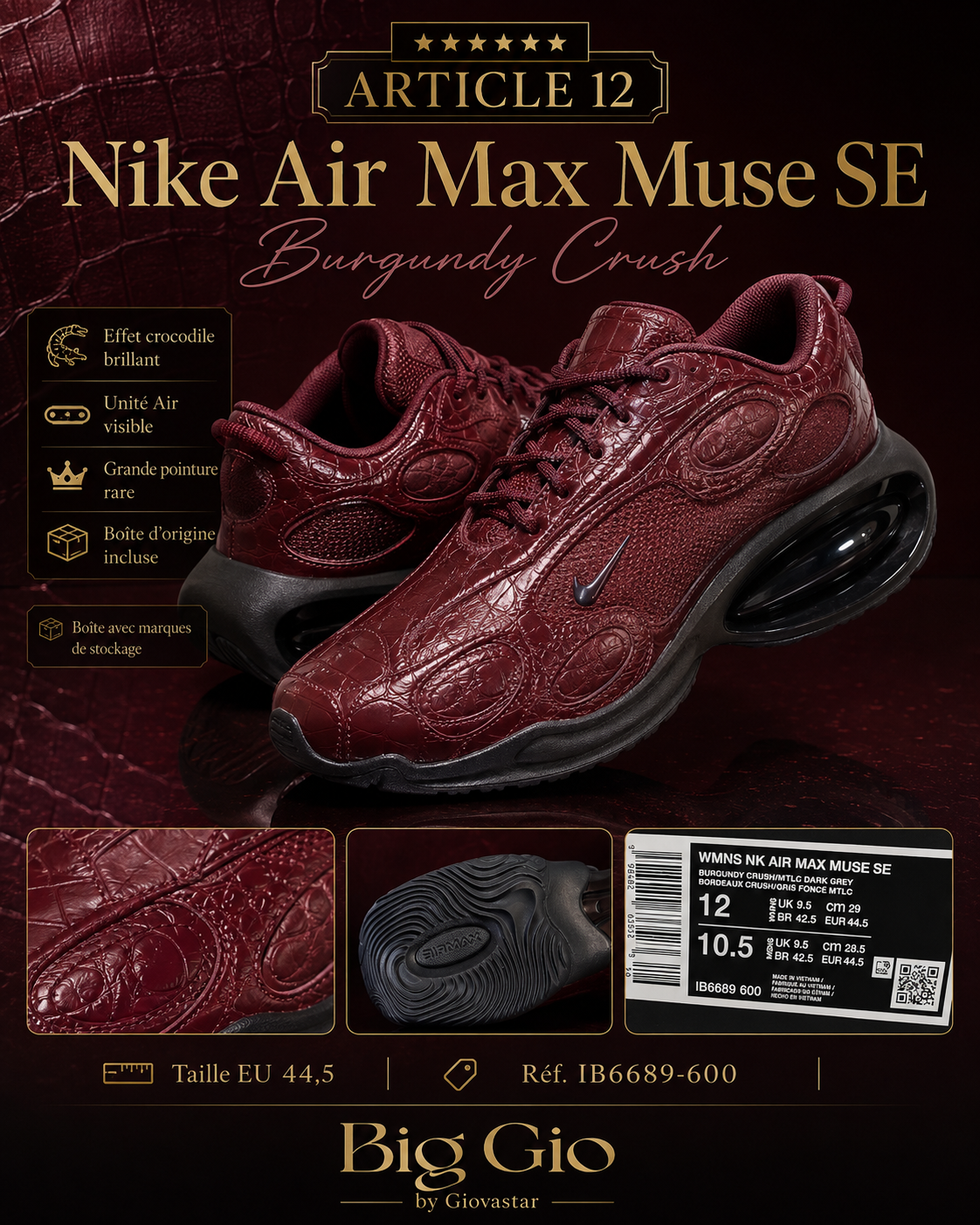 🔥 Nike Air Max Muse SE Crocodile Burgundy Crush – Taille 44,5