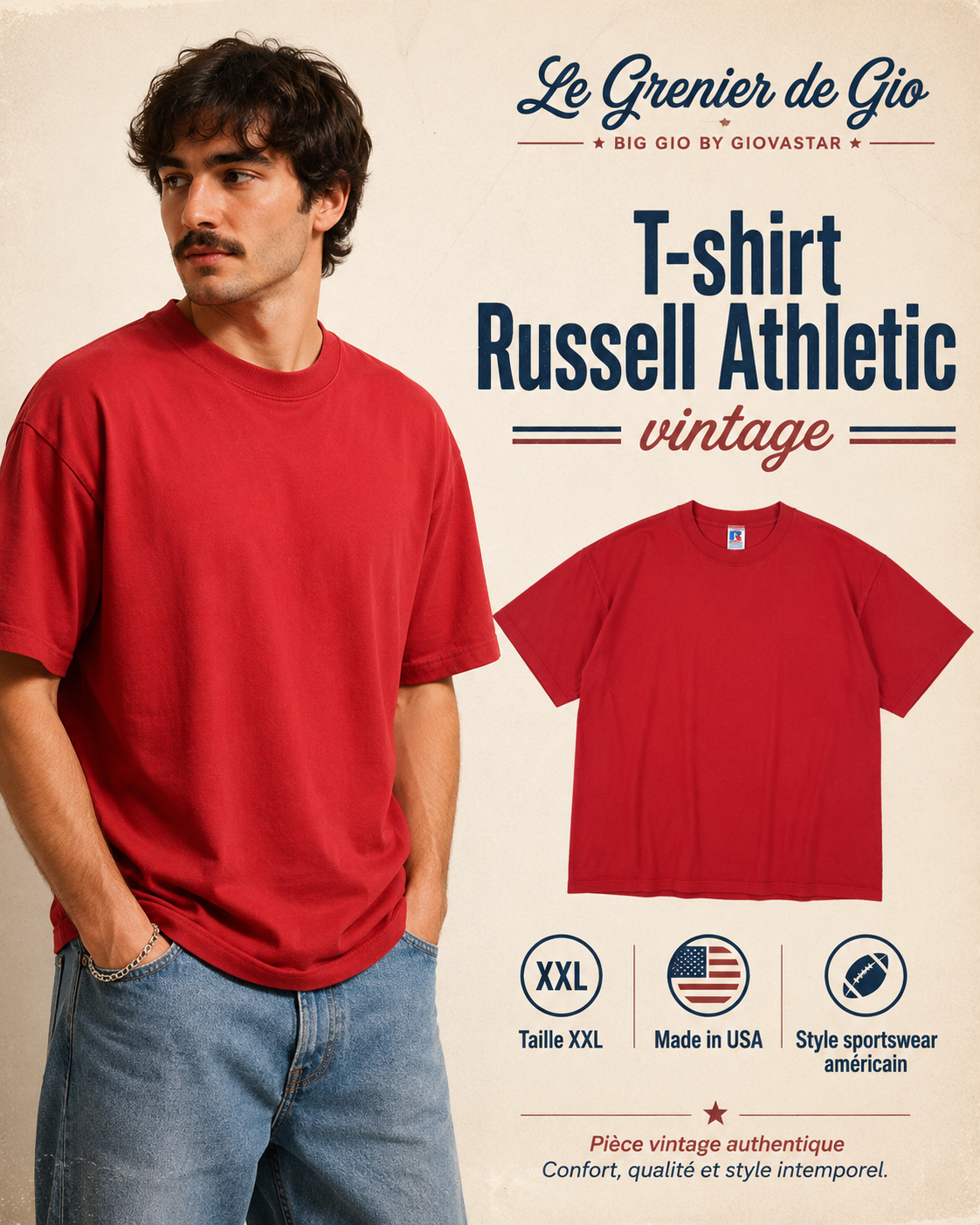Russell Athletic T-shirt vintage rouge Made in USA – Taille XXL