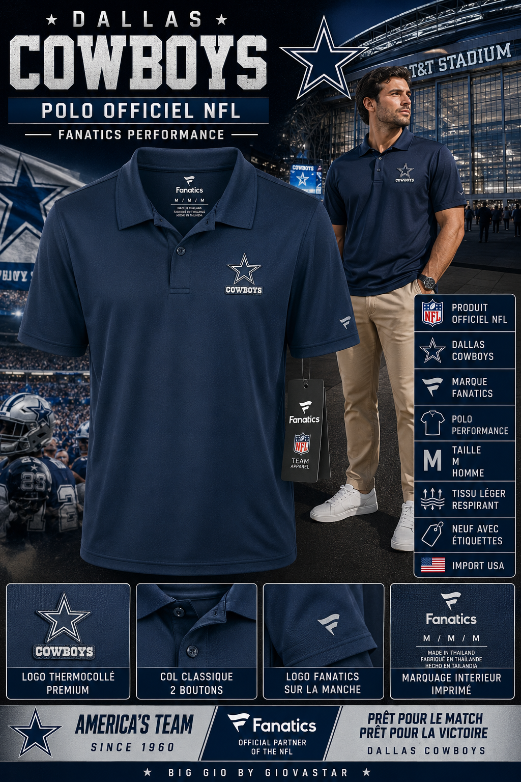 🏈 Dallas Cowboys Fanatics Performance Polo Officiel NFL Bleu Marine Taille M Neuf Import USA