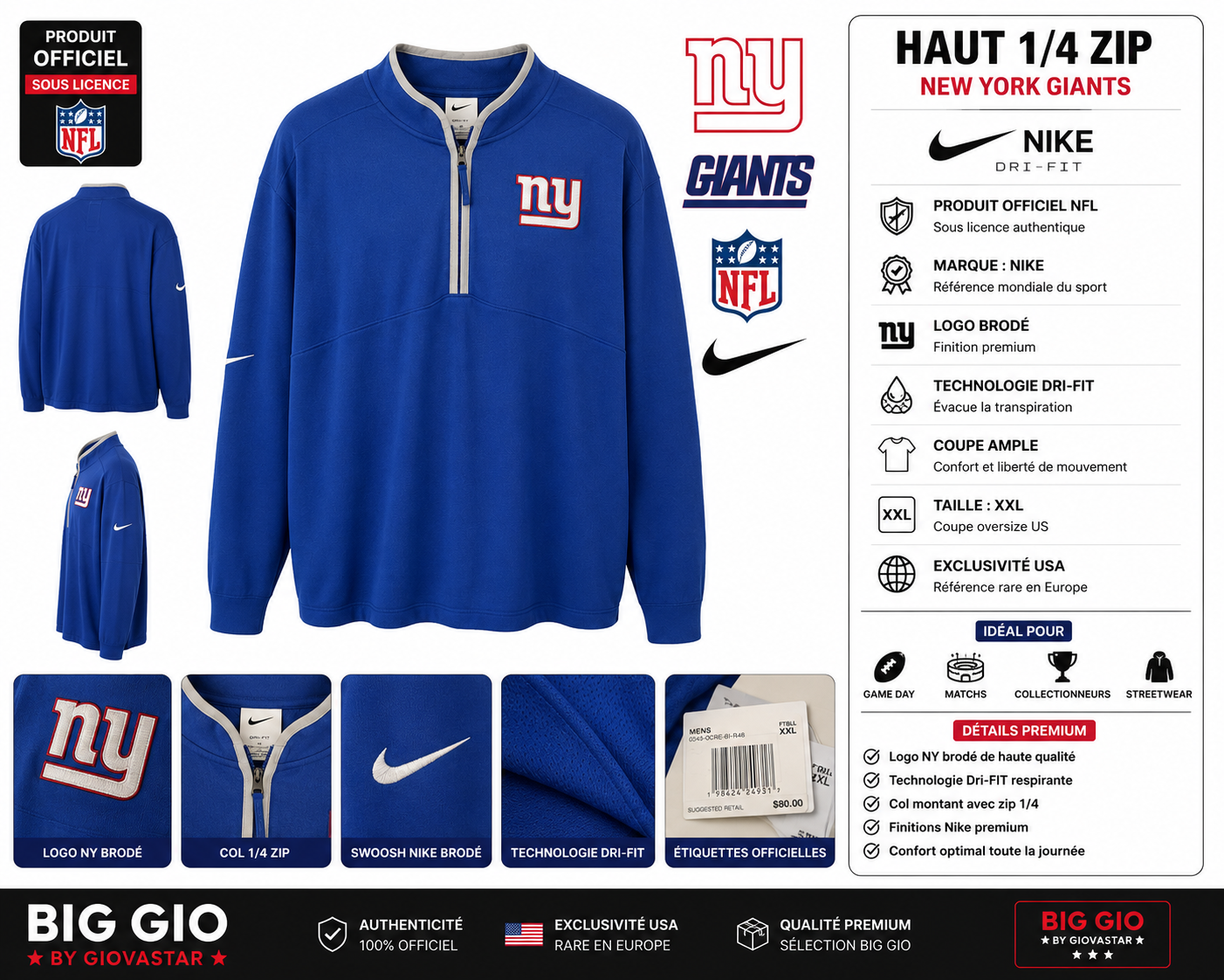 Nike NFL New York Giants Dri-FIT 1/4 Zip XXL Officiel