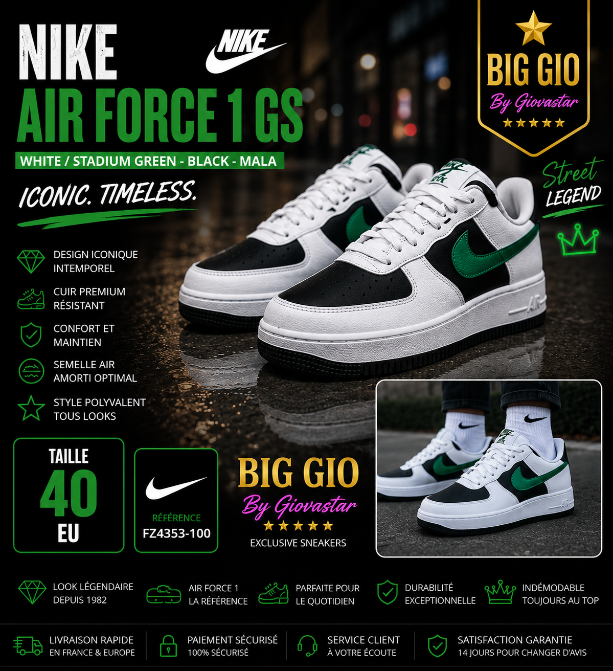 🟢 Nike Air Force 1 LV8 2 GS White Black Malachite • Neuve avec boîte • Taille 40 EU