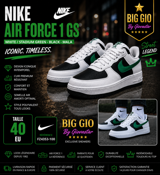 🟢 Nike Air Force 1 LV8 2 GS White Black Malachite • Neuve avec boîte • Taille 40 EU