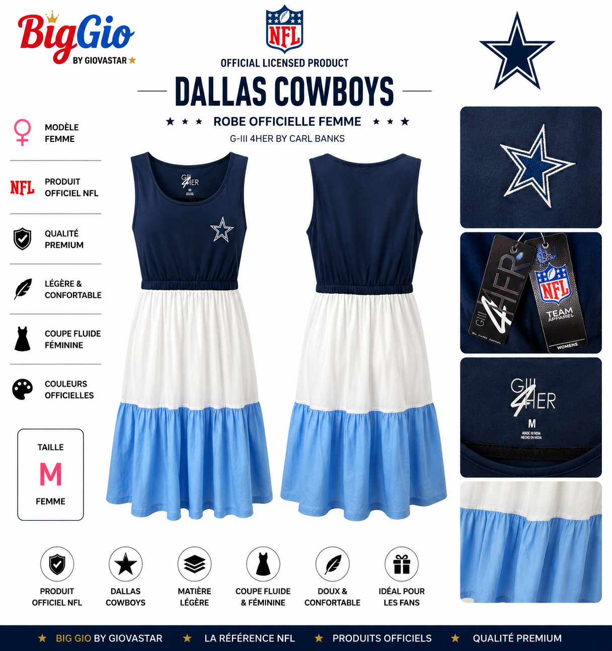 💙 Robe Officielle Dallas Cowboys NFL Femme M G-III 4Her ⭐