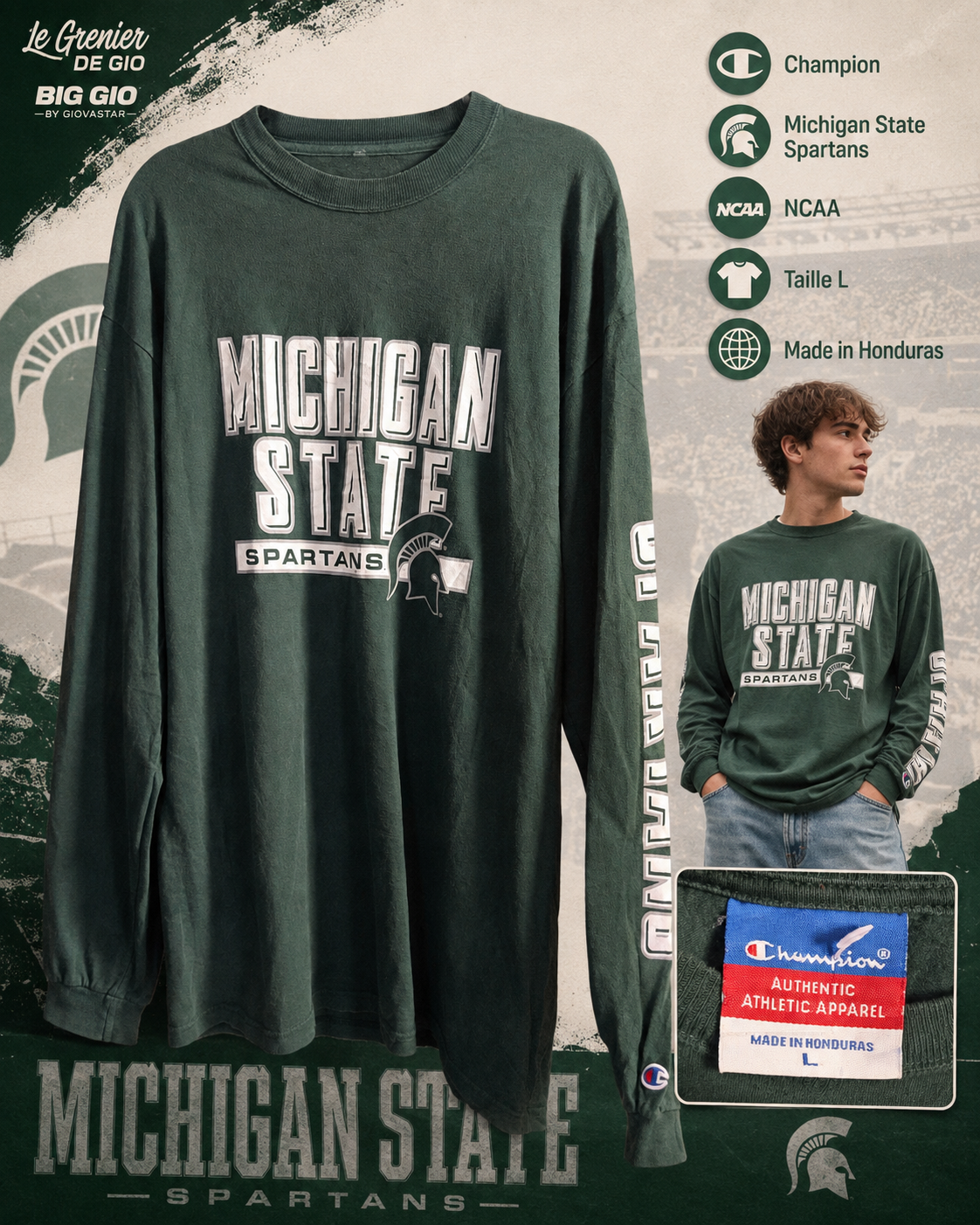 Champion Michigan State Spartans NCAA T-shirt manches longues vintage L