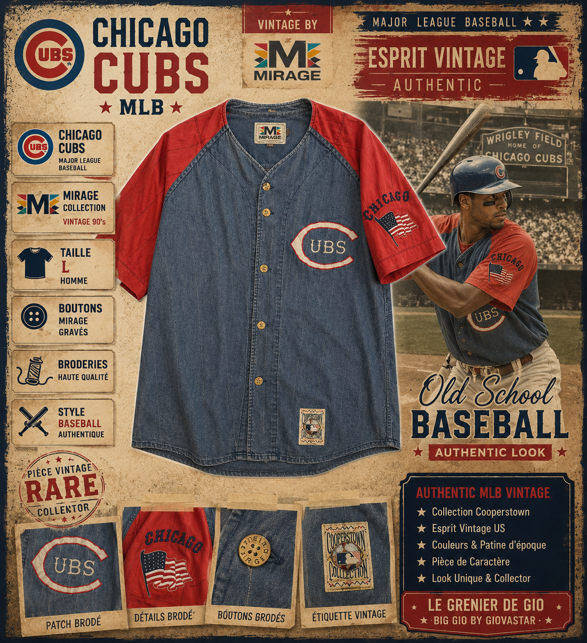 🔥 Vintage Chicago Cubs MLB Mirage Cooperstown Collection Jersey L – Baseball 90s – Rare 🇺🇸