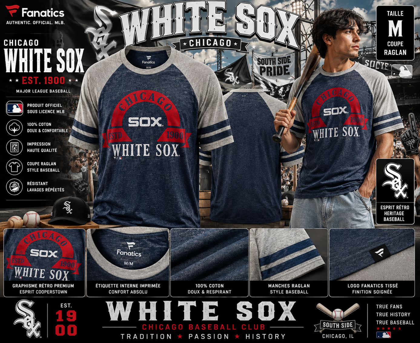 CHICAGO WHITE SOX ⚾🔥 Fanatics MLB Cooperstown Collection – T-Shirt Raglan Baseball Rétro 1900 – Édition Heritage – Taille M 🇺🇸