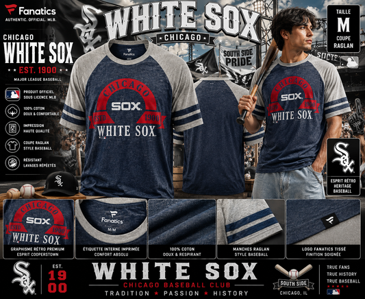 CHICAGO WHITE SOX ⚾🔥 Fanatics MLB Cooperstown Collection – T-Shirt Raglan Baseball Rétro 1900 – Édition Heritage – Taille M 🇺🇸