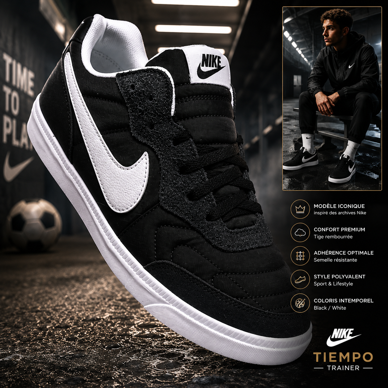 ⚽ Nike NSW Tiempo Trainer Black White Gum 644843-012 • Neuve avec boîte • EU 45.5 • Style Football Vintage