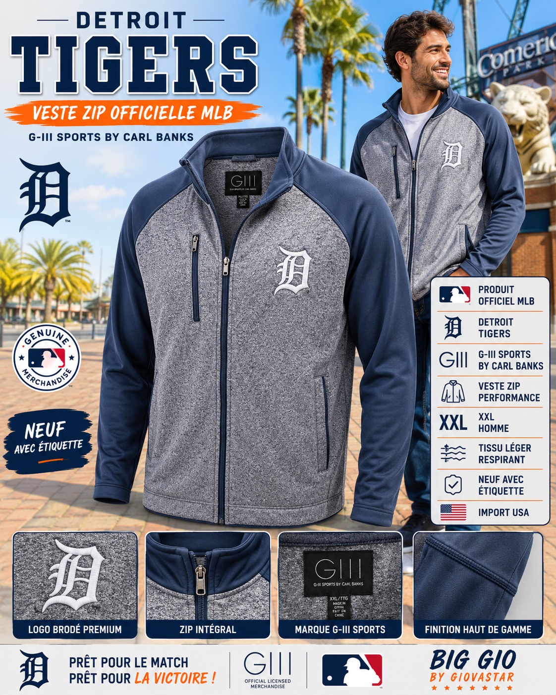 🔥 Detroit Tigers G-III Sports by Carl Banks Full Zip Performance Jacket MLB Officielle XXL 🇺🇸