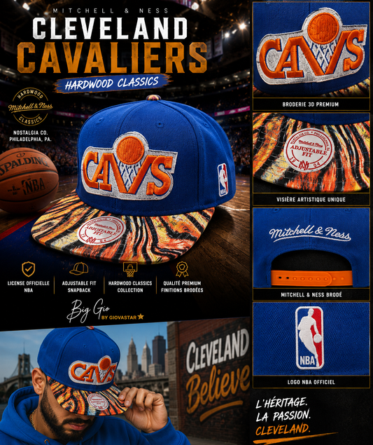 🏀 Mitchell & Ness Cleveland Cavaliers Hardwood Classics Snapback Officielle – Logo Géant – Import USA