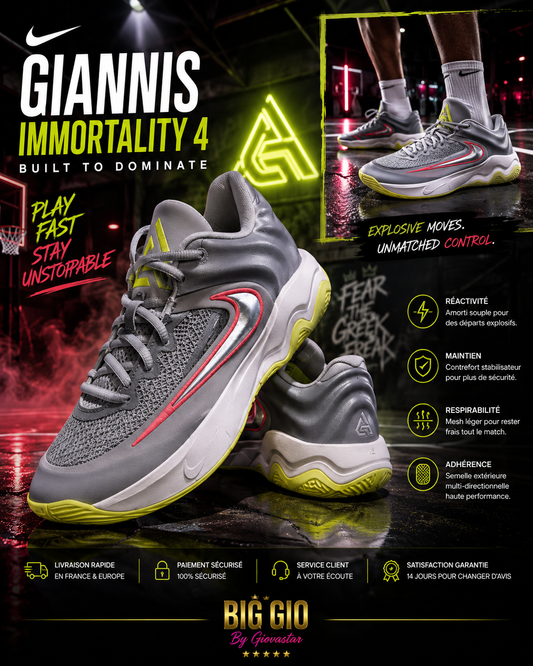 🏀 Nike Giannis Immortality 4 Wolf Grey Volt Bright Crimson – Performance Basketball Officielle