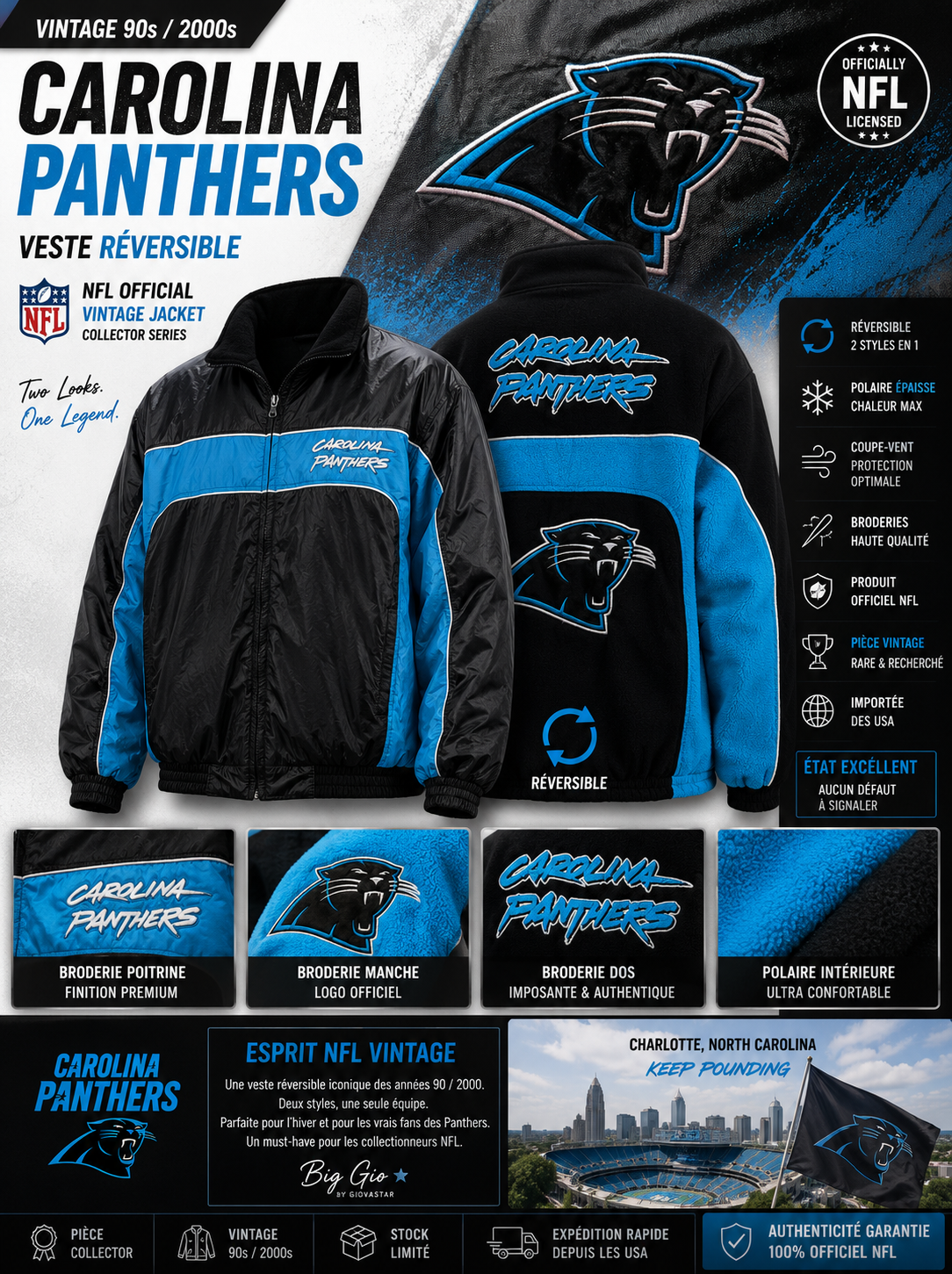 💙 Veste Réversible NFL Carolina Panthers G-III Apparel Vintage XL Officielle Brodée Collector USA