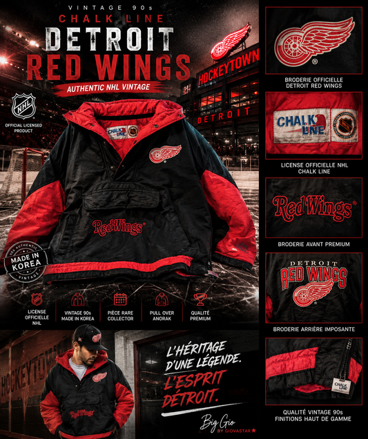🏒 Vintage Chalk Line Detroit Red Wings NHL Anorak Pullover Made in Korea – Taille L – Officiel 90s