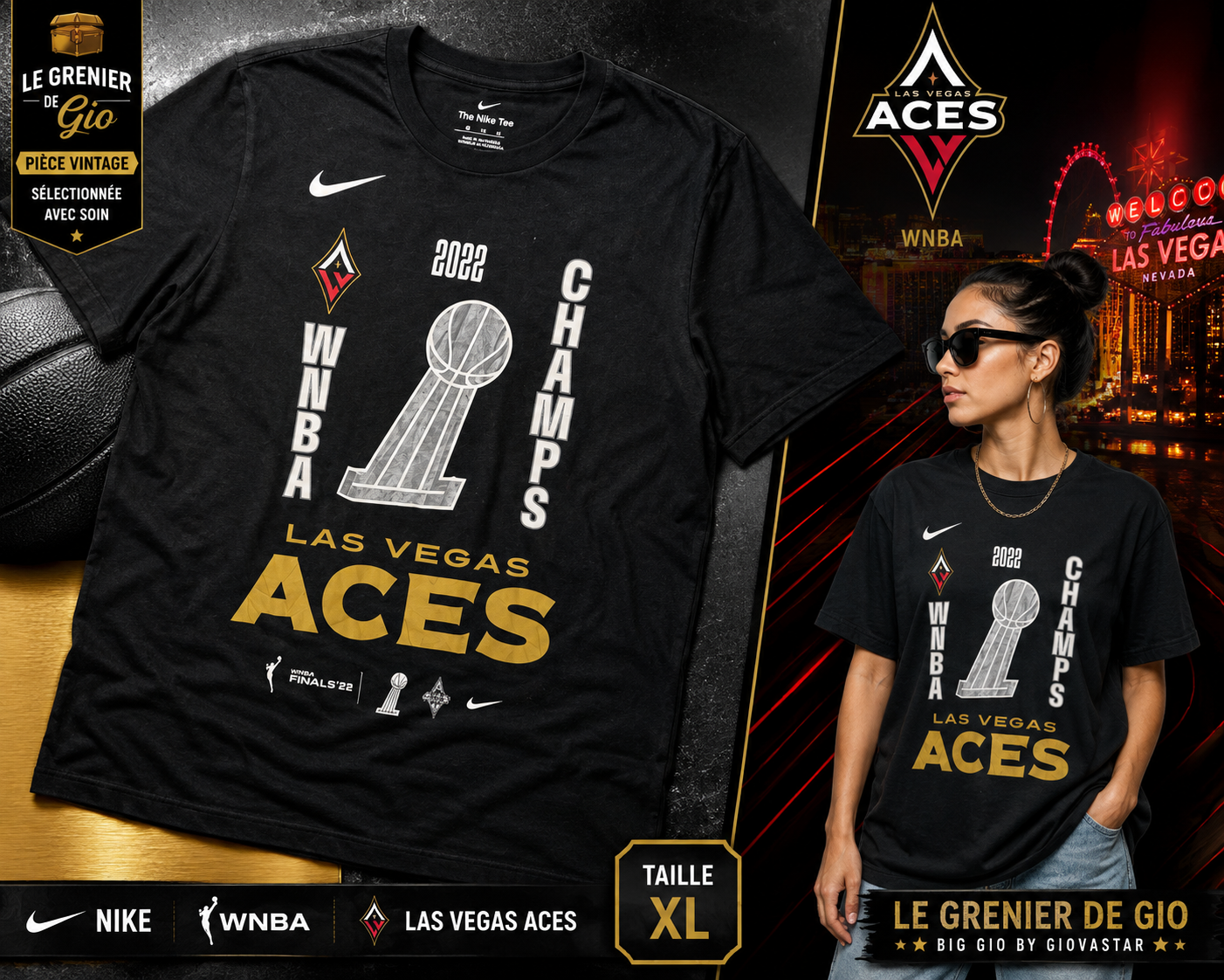 Nike Las Vegas Aces WNBA Champions 2022 T-shirt Officiel Vintage XL