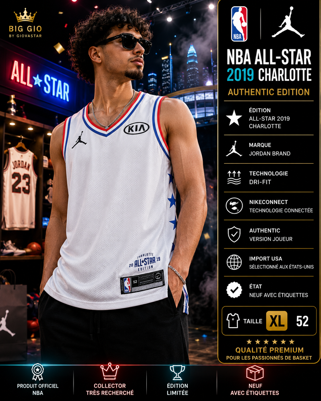 🏀 Maillot Jordan NBA All-Star 2019 Charlotte Authentic NikeConnect Blanc XL (52) Neuf Import USA