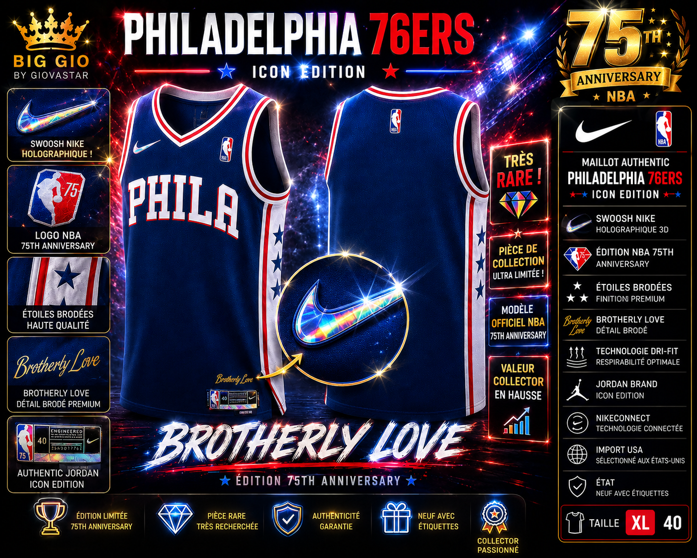 🔥 Nike NBA Philadelphia 76ers City Edition "Brotherly Love" 75th Anniversary • Dri-FIT • Neuf avec étiquettes • Import USA • Taille 52 (XL)